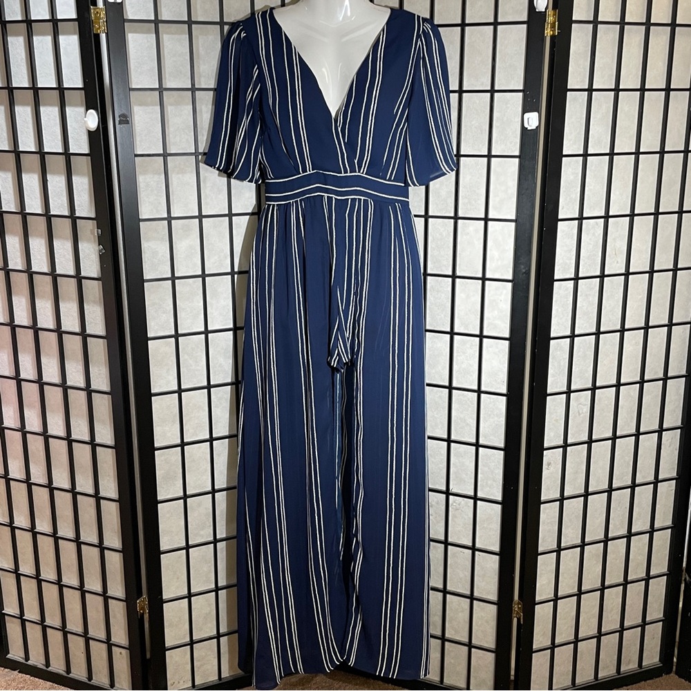 Stilletto’s ladies, striped navy jumpsuit size medium